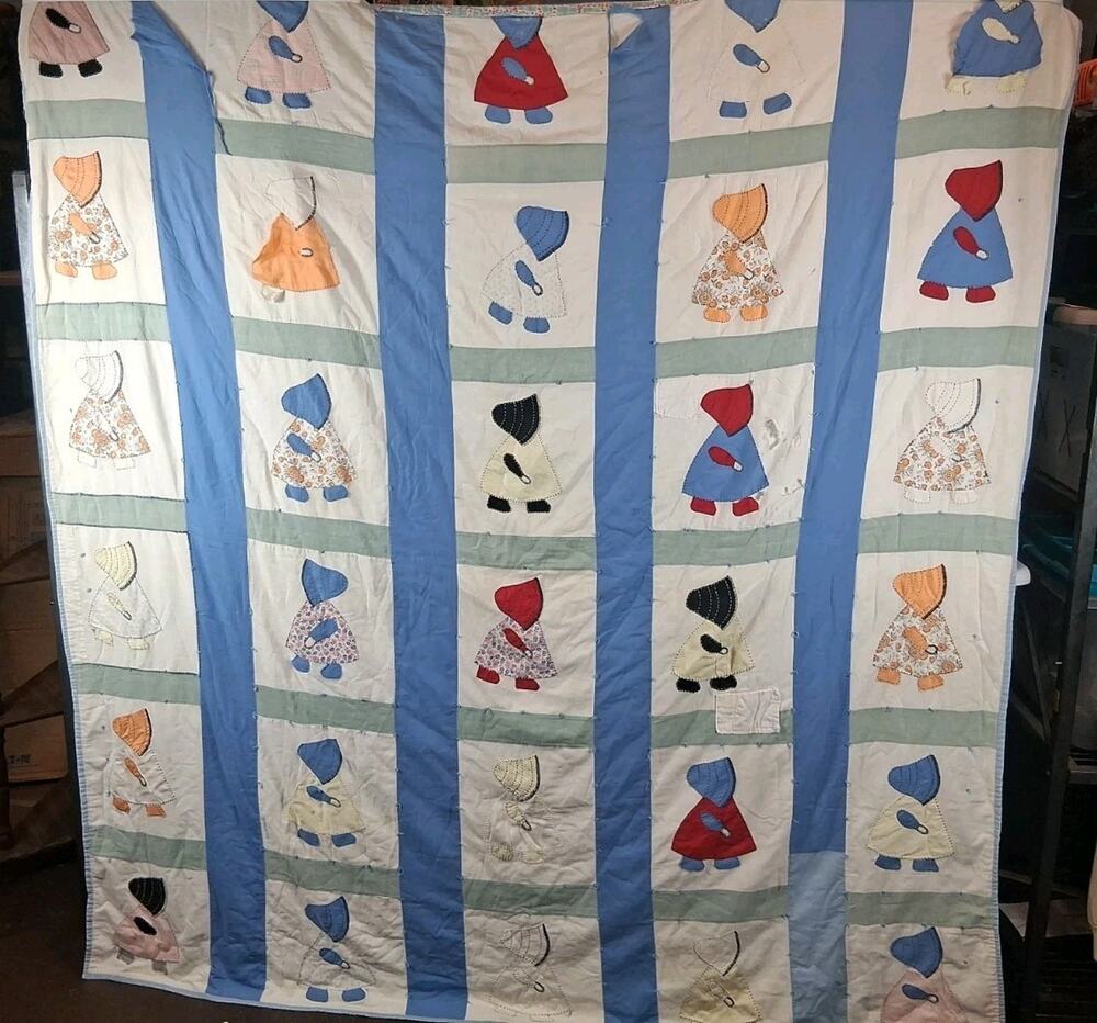 Sunbonnet Sue Handmade Vintage Quilt Colorful 68 × 78 Farmhouse Cottagecore